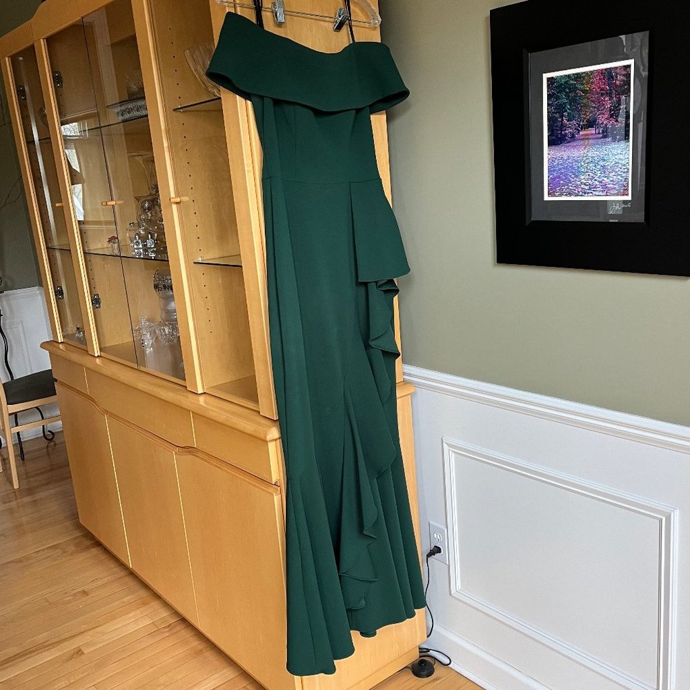 Betsy & Adam Green Ruffle Off the Shoulder Mermaid Gown | Prom Formal Dress